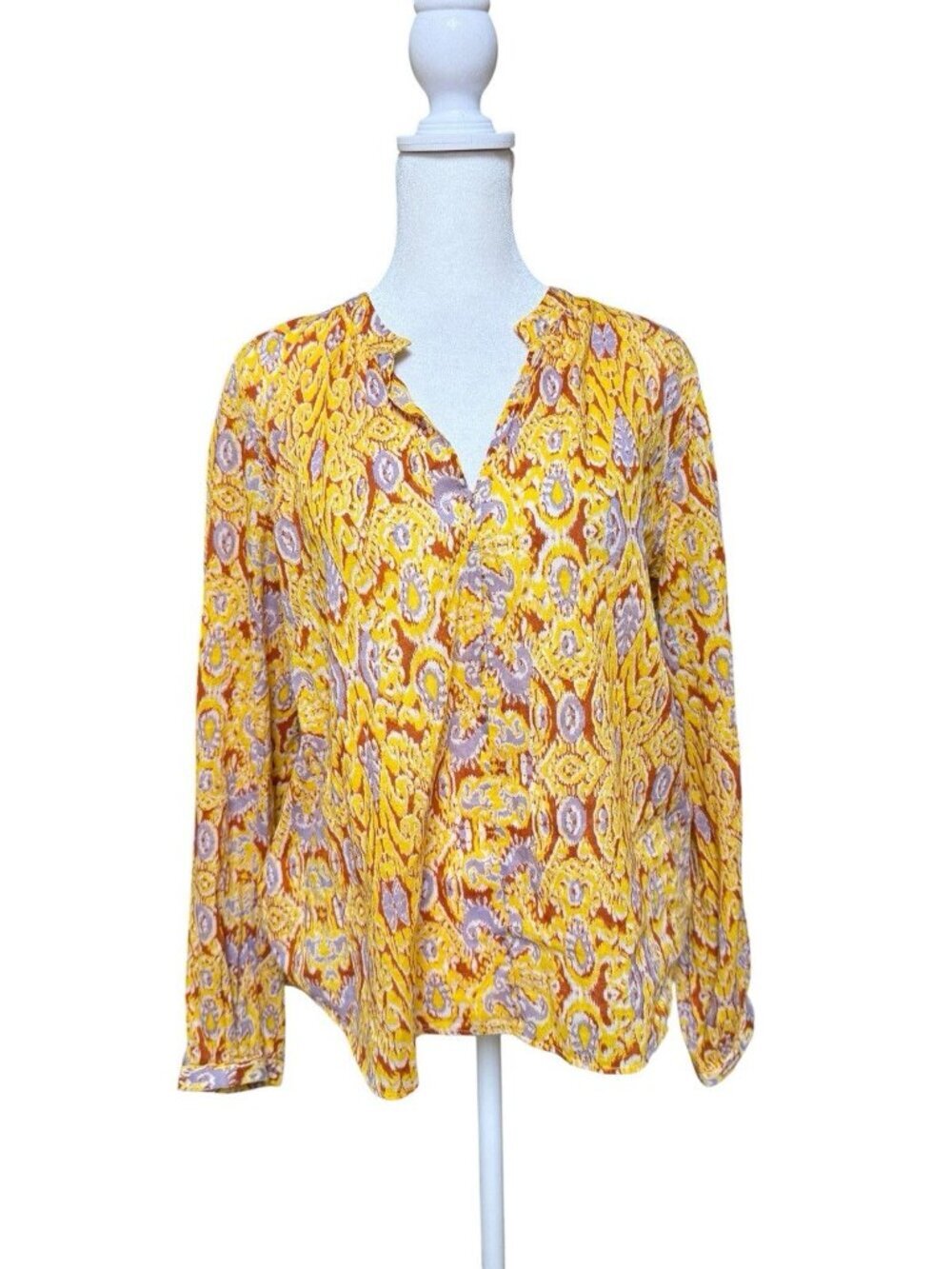 Zara Yellow Ikat Print Blouse Size S Boho Cotton Long Sleeve Top